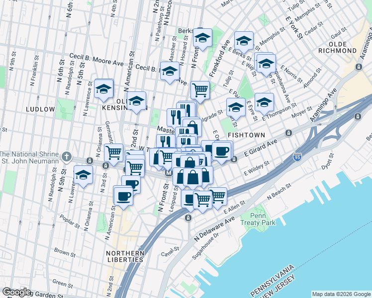 map of restaurants, bars, coffee shops, grocery stores, and more near 1240 Frankford Avenue in Philadelphia