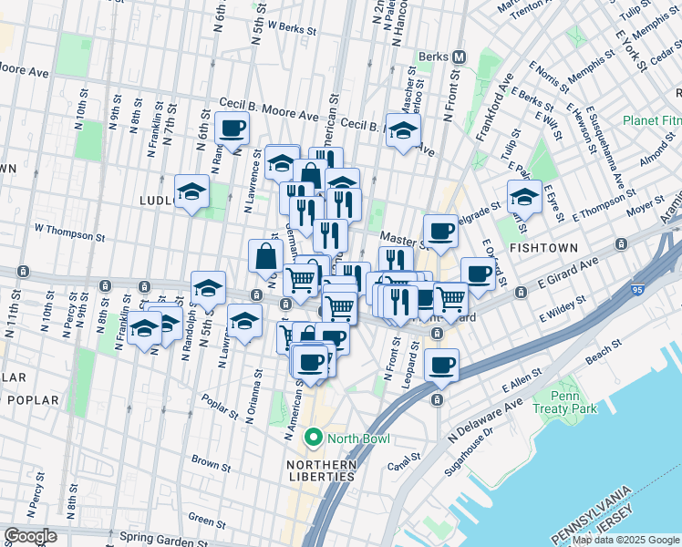 map of restaurants, bars, coffee shops, grocery stores, and more near 1220 North 2nd Street in Philadelphia