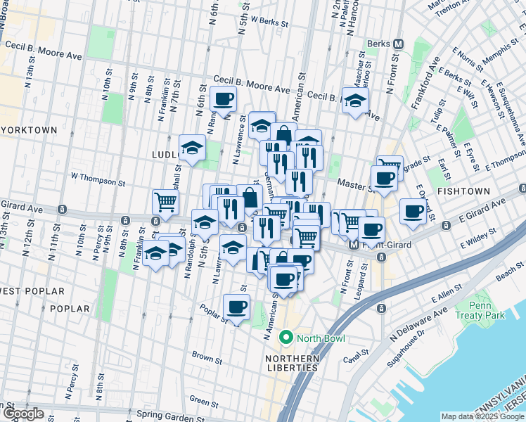 map of restaurants, bars, coffee shops, grocery stores, and more near 1224 Germantown Avenue in Philadelphia