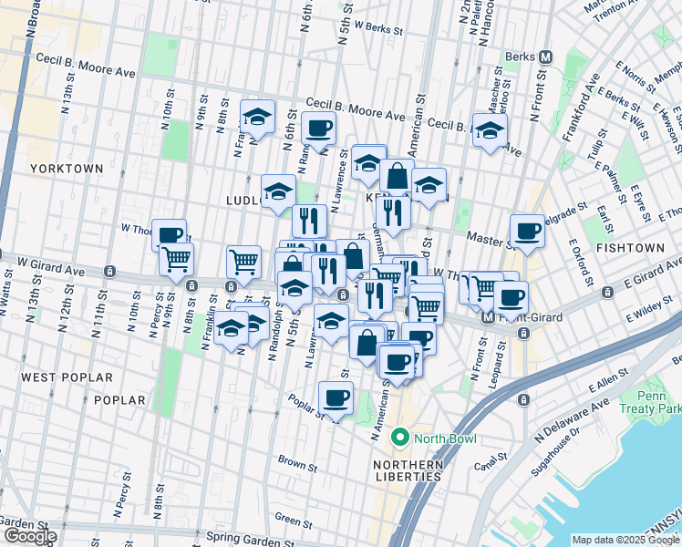 map of restaurants, bars, coffee shops, grocery stores, and more near in Philadelphia