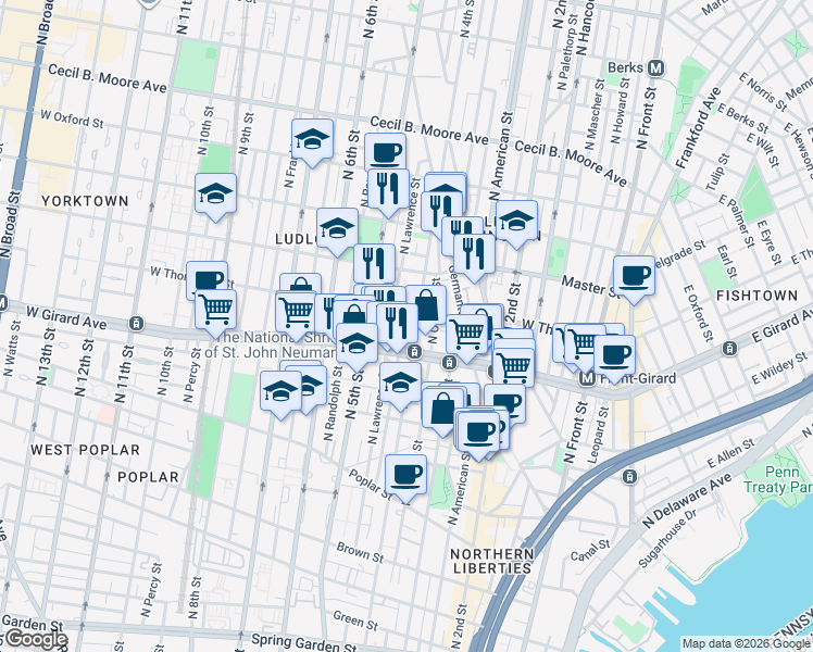 map of restaurants, bars, coffee shops, grocery stores, and more near 1200 North Orkney Street in Philadelphia