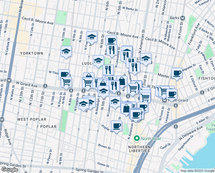 map of restaurants, bars, coffee shops, grocery stores, and more near 1219 North 5th Street in Philadelphia