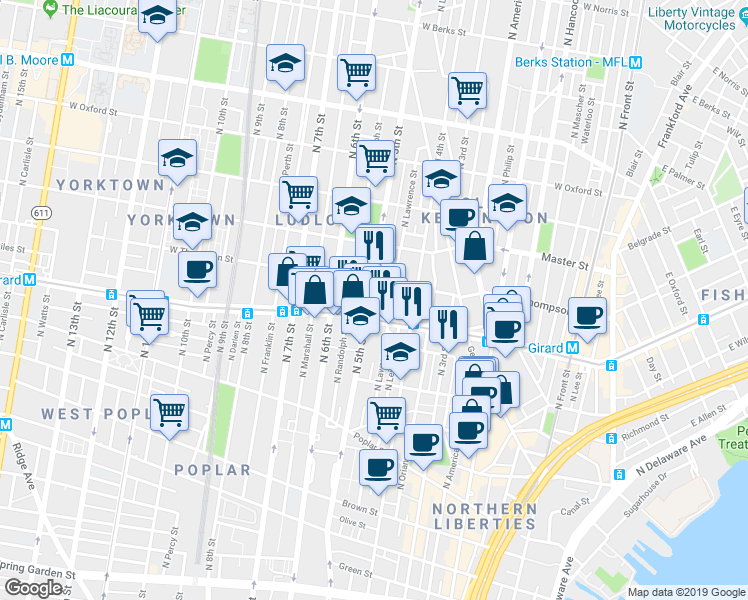 map of restaurants, bars, coffee shops, grocery stores, and more near 1200 North Orkney Street in Philadelphia
