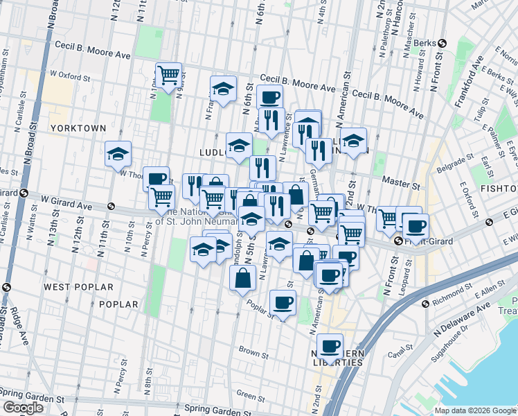 map of restaurants, bars, coffee shops, grocery stores, and more near in Philadelphia