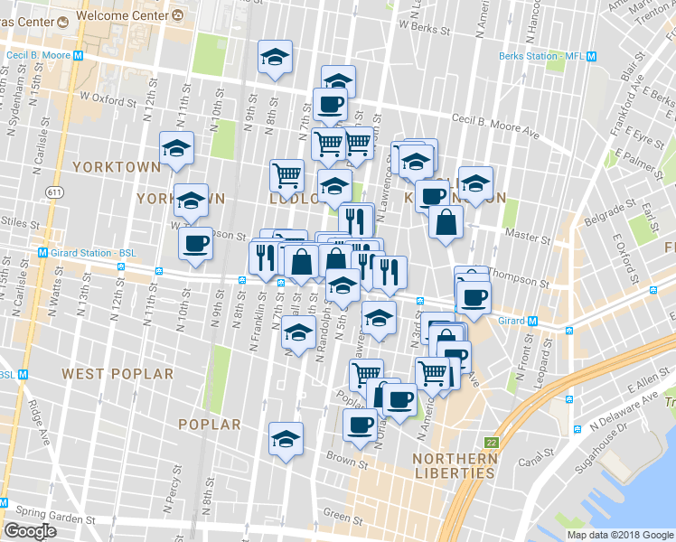 map of restaurants, bars, coffee shops, grocery stores, and more near 511 West Girard Avenue in Philadelphia