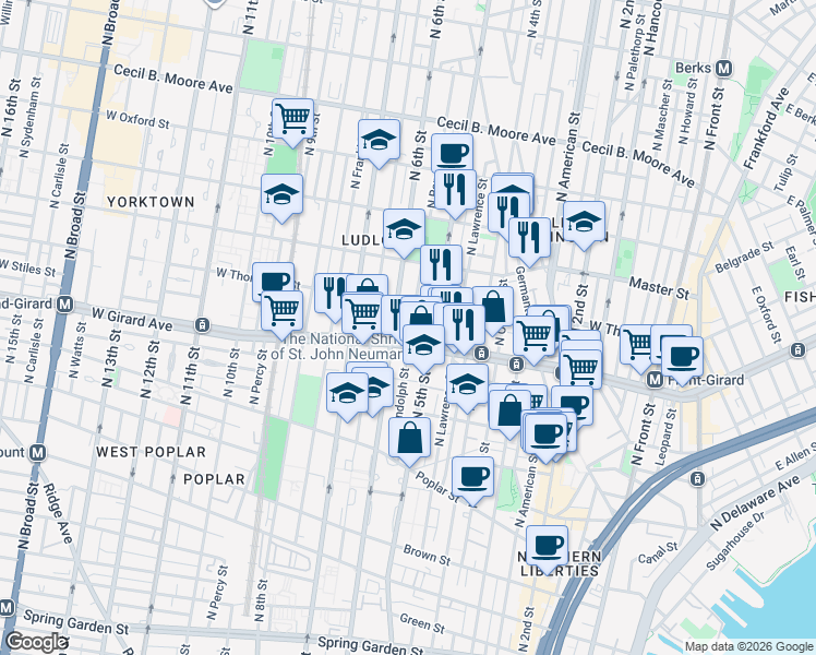 map of restaurants, bars, coffee shops, grocery stores, and more near in Philadelphia
