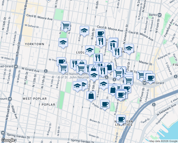 map of restaurants, bars, coffee shops, grocery stores, and more near in Philadelphia