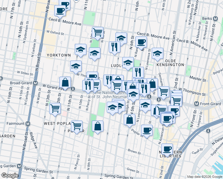 map of restaurants, bars, coffee shops, grocery stores, and more near 709 West Girard Avenue in Philadelphia