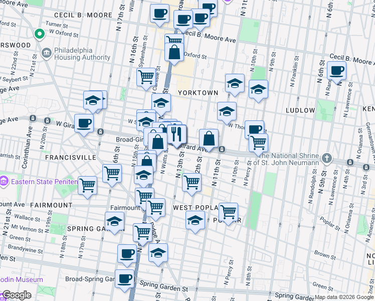 map of restaurants, bars, coffee shops, grocery stores, and more near 928 North 13th Street in Philadelphia