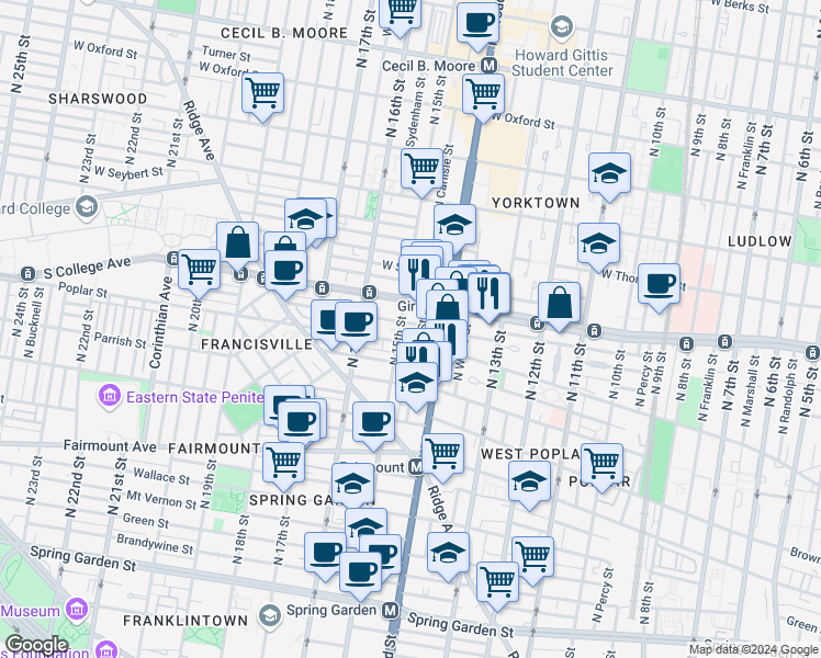 map of restaurants, bars, coffee shops, grocery stores, and more near in Philadelphia