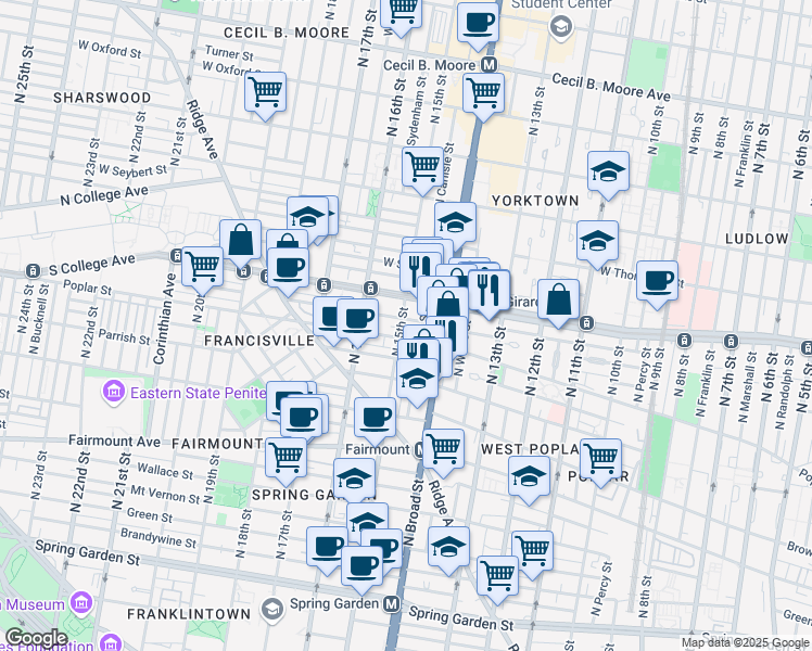 map of restaurants, bars, coffee shops, grocery stores, and more near in Philadelphia