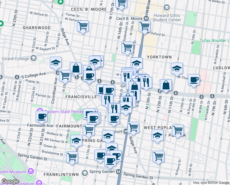 map of restaurants, bars, coffee shops, grocery stores, and more near 1515 Poplar Street in Philadelphia