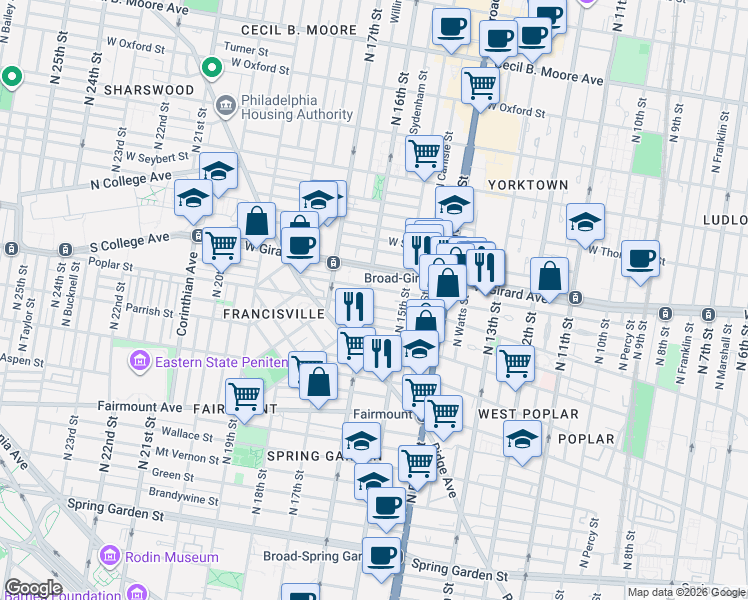 map of restaurants, bars, coffee shops, grocery stores, and more near 1515 Poplar Street in Philadelphia