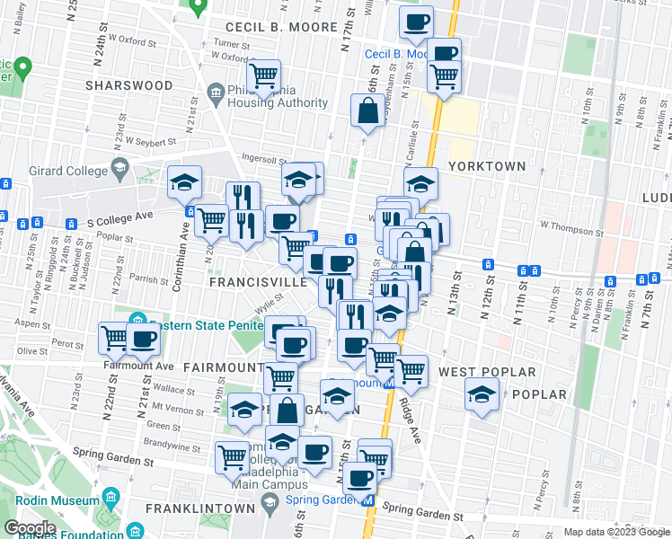map of restaurants, bars, coffee shops, grocery stores, and more near 1606 Poplar Street in Philadelphia