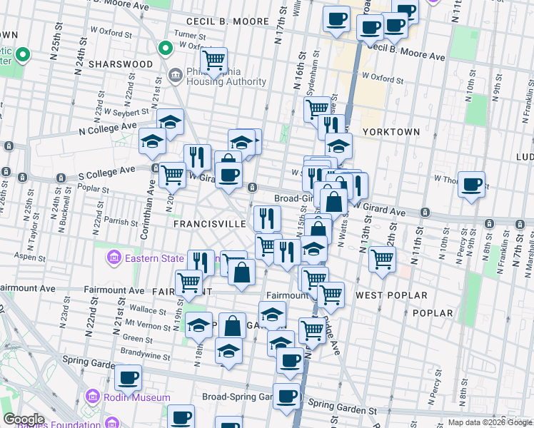 map of restaurants, bars, coffee shops, grocery stores, and more near 1606 Poplar Street in Philadelphia