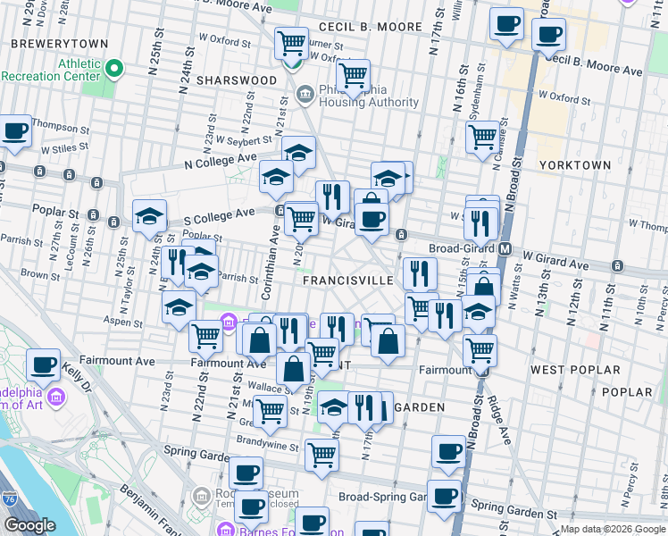 map of restaurants, bars, coffee shops, grocery stores, and more near 860 North 19th Street in Philadelphia