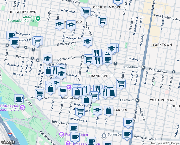 map of restaurants, bars, coffee shops, grocery stores, and more near 865 North Opal Street in Philadelphia