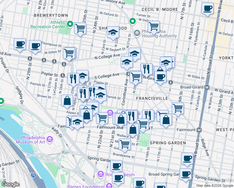 map of restaurants, bars, coffee shops, grocery stores, and more near 852 Corinthian Avenue in Philadelphia