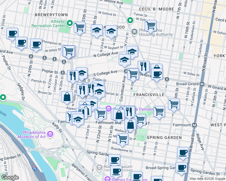 map of restaurants, bars, coffee shops, grocery stores, and more near 846 North 21st Street in Philadelphia