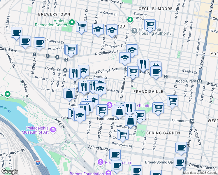 map of restaurants, bars, coffee shops, grocery stores, and more near 846 North 21st Street in Philadelphia