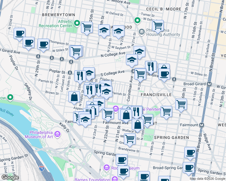map of restaurants, bars, coffee shops, grocery stores, and more near 846 North 21st Street in Philadelphia
