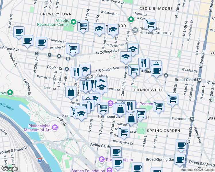 map of restaurants, bars, coffee shops, grocery stores, and more near 846 North 21st Street in Philadelphia