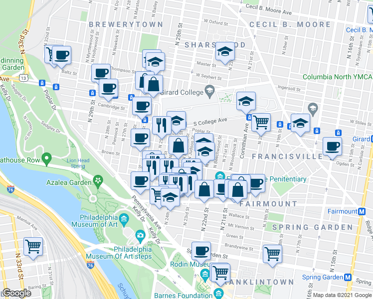 map of restaurants, bars, coffee shops, grocery stores, and more near 822 North Judson Street in Philadelphia