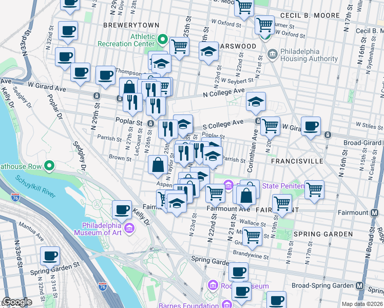 map of restaurants, bars, coffee shops, grocery stores, and more near 822 North Judson Street in Philadelphia