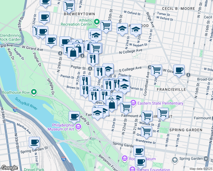 map of restaurants, bars, coffee shops, grocery stores, and more near 839 North Ringgold Street in Philadelphia