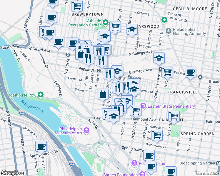 map of restaurants, bars, coffee shops, grocery stores, and more near 2437 Brown Street in Philadelphia