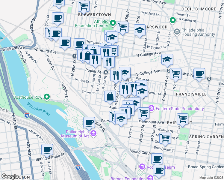 map of restaurants, bars, coffee shops, grocery stores, and more near 811 North Stillman Street in Philadelphia