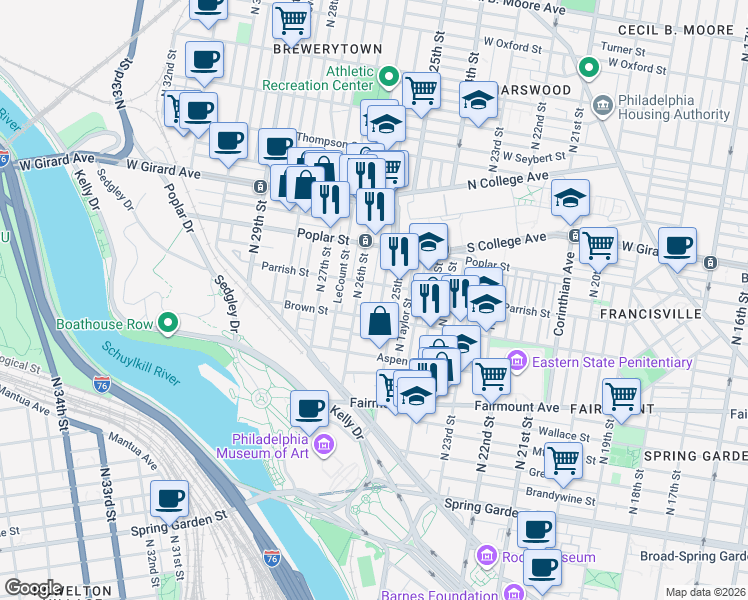 map of restaurants, bars, coffee shops, grocery stores, and more near 811 North Stillman Street in Philadelphia