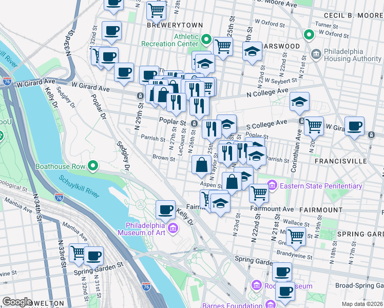 map of restaurants, bars, coffee shops, grocery stores, and more near 2611 Brown Street in Philadelphia