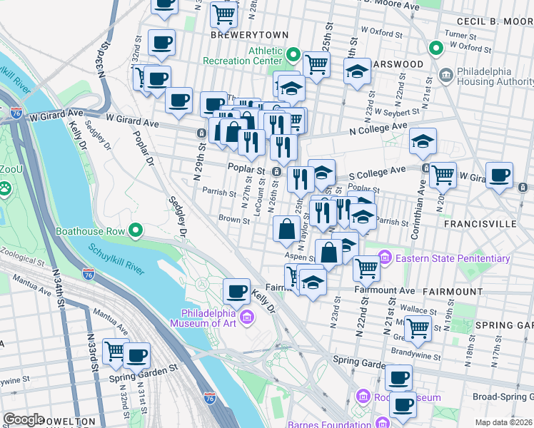 map of restaurants, bars, coffee shops, grocery stores, and more near 2611 Brown Street in Philadelphia