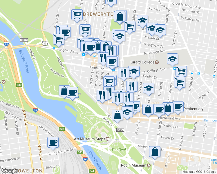 map of restaurants, bars, coffee shops, grocery stores, and more near 2611 Brown Street in Philadelphia