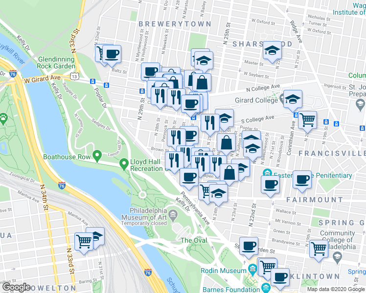 map of restaurants, bars, coffee shops, grocery stores, and more near 2611 Brown Street in Philadelphia