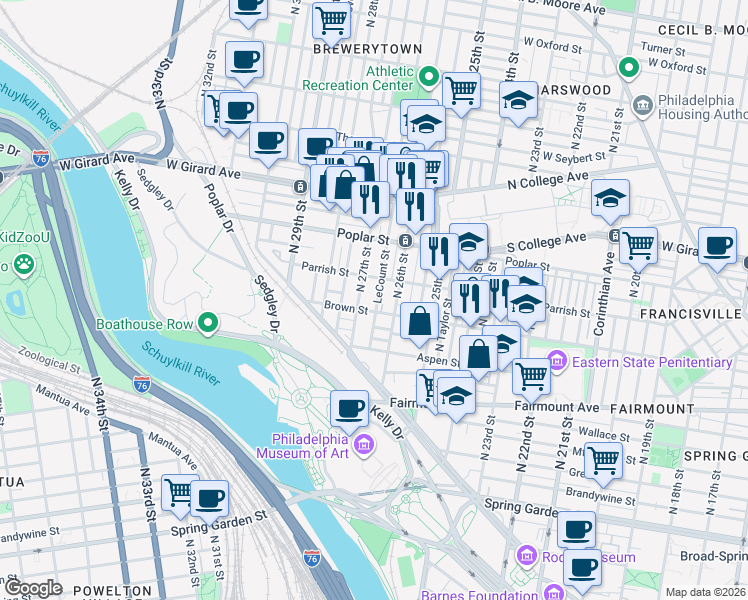 map of restaurants, bars, coffee shops, grocery stores, and more near 2611 Brown Street in Philadelphia