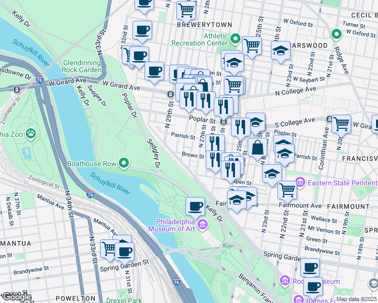 map of restaurants, bars, coffee shops, grocery stores, and more near 2704 Brown Street in Philadelphia