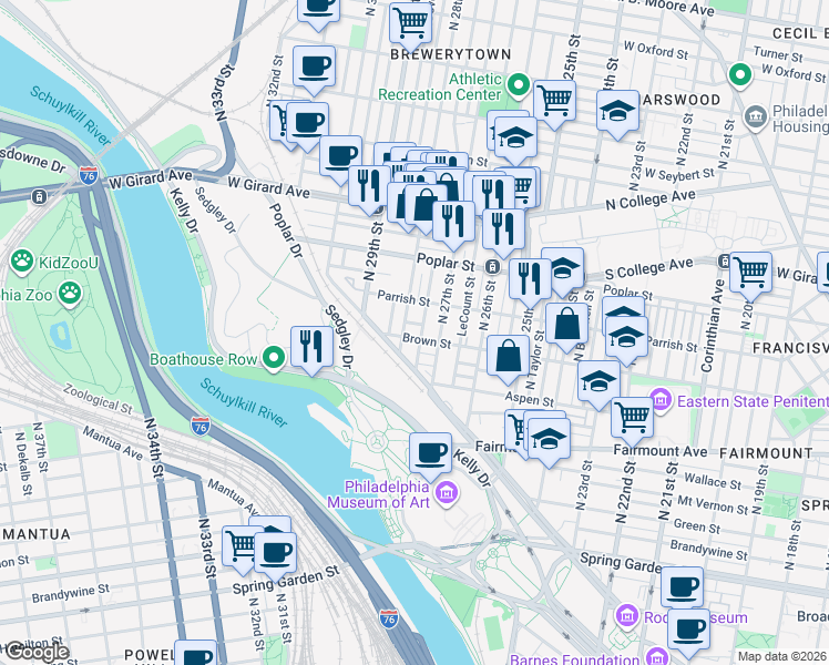 map of restaurants, bars, coffee shops, grocery stores, and more near 2704 Brown Street in Philadelphia