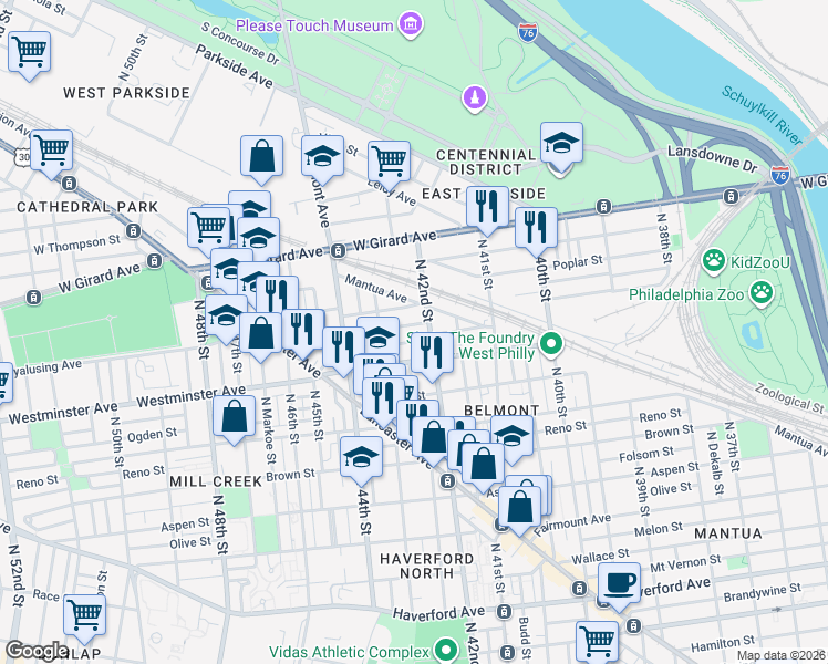map of restaurants, bars, coffee shops, grocery stores, and more near in Philadelphia