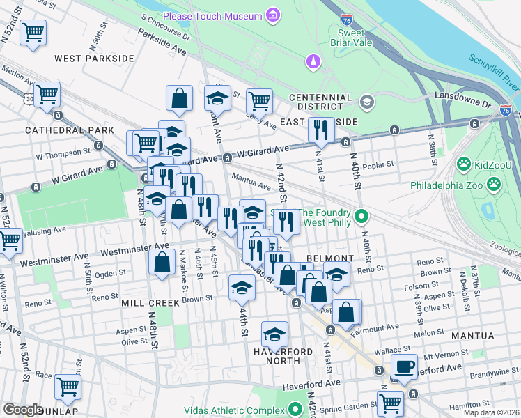 map of restaurants, bars, coffee shops, grocery stores, and more near 921 North 43rd Street in Philadelphia