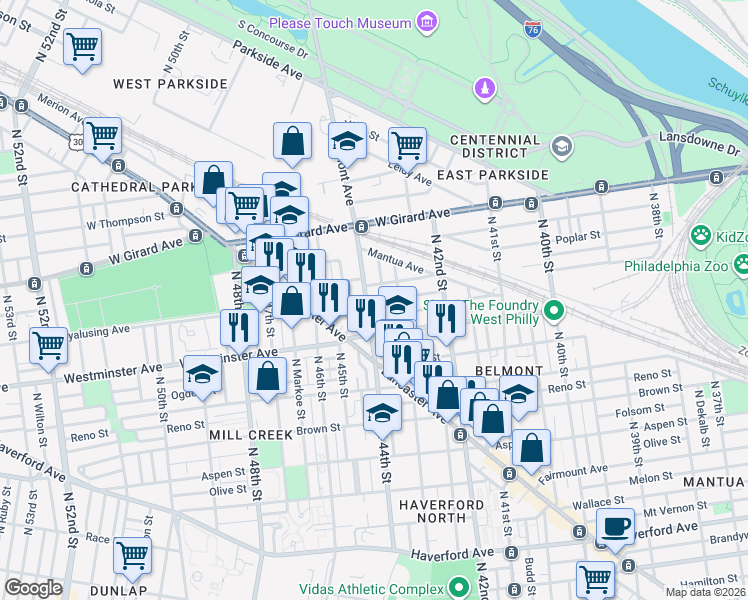 map of restaurants, bars, coffee shops, grocery stores, and more near 929 Belmont Avenue in Philadelphia