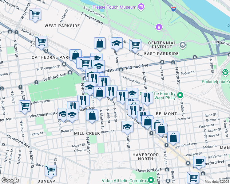 map of restaurants, bars, coffee shops, grocery stores, and more near 4527 Lancaster Avenue in Philadelphia