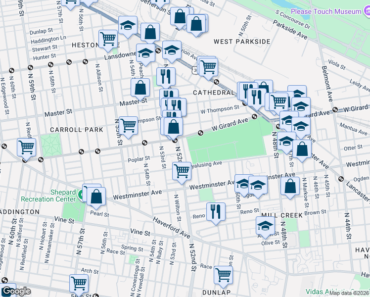 map of restaurants, bars, coffee shops, grocery stores, and more near 647 North Creighton Street in Philadelphia
