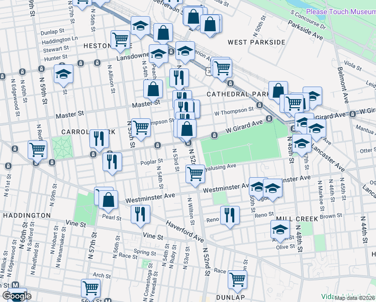 map of restaurants, bars, coffee shops, grocery stores, and more near 5225 Poplar Street in Philadelphia