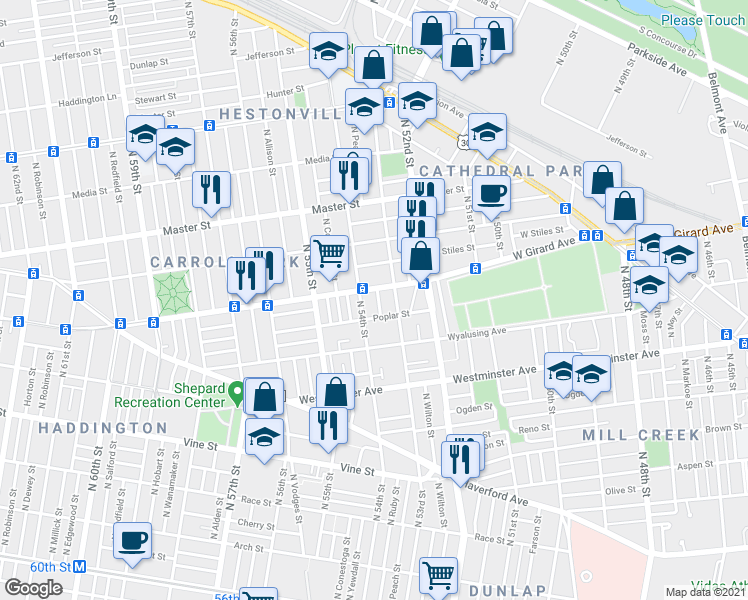 map of restaurants, bars, coffee shops, grocery stores, and more near in Philadelphia