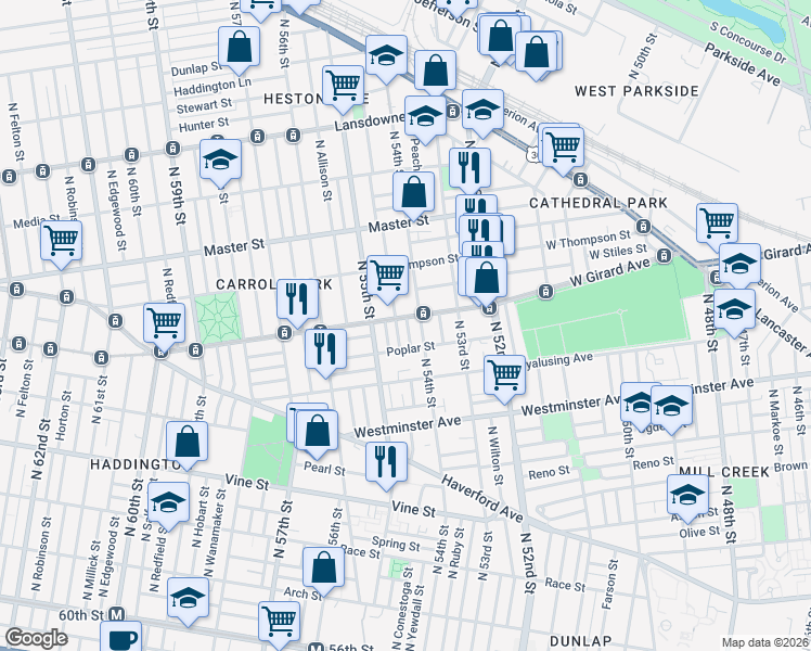 map of restaurants, bars, coffee shops, grocery stores, and more near 657 North Conestoga Street in Philadelphia