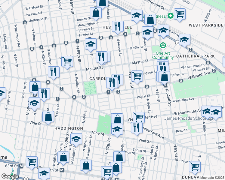 map of restaurants, bars, coffee shops, grocery stores, and more near 5631 West Girard Avenue in Philadelphia