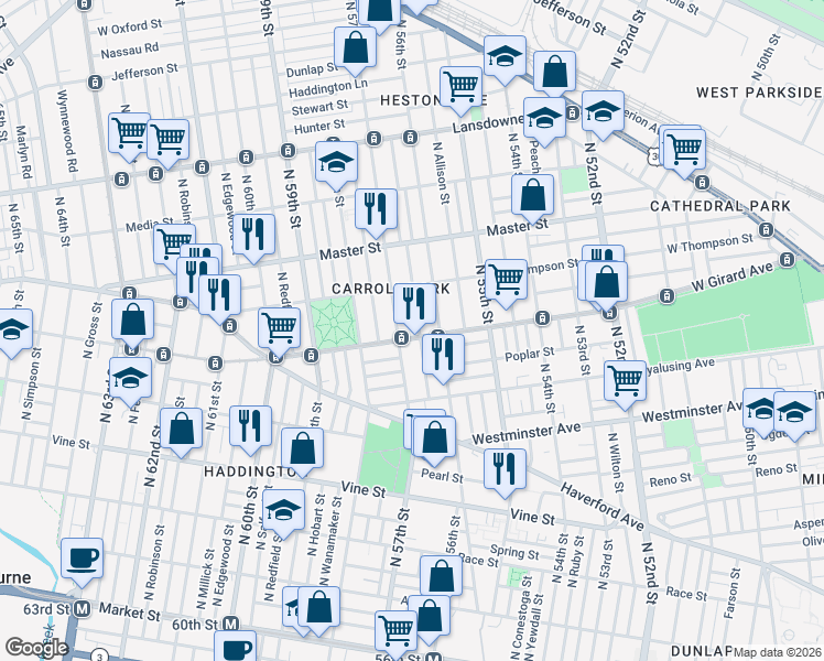 map of restaurants, bars, coffee shops, grocery stores, and more near 5631 West Girard Avenue in Philadelphia