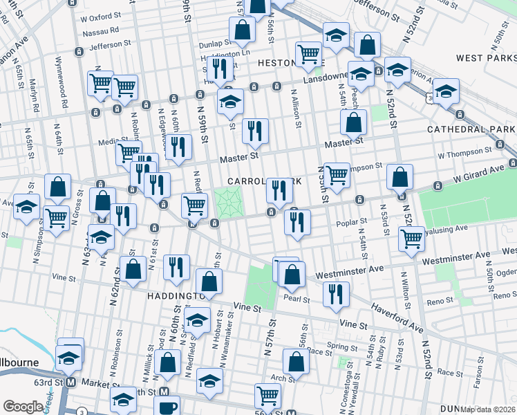 map of restaurants, bars, coffee shops, grocery stores, and more near 1201 North 58th Street in Philadelphia